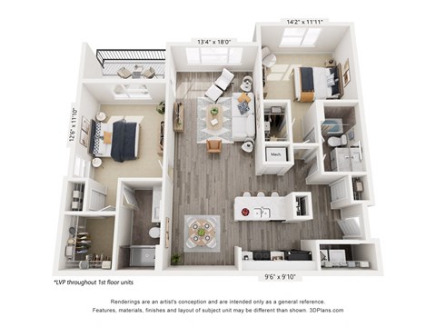 Floor plan for 2 beds, 2 baths, 1256 sqft